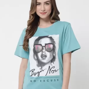 Over Size T Shirt Women Graphic Print Round Neck Light Blue T-Shirt
